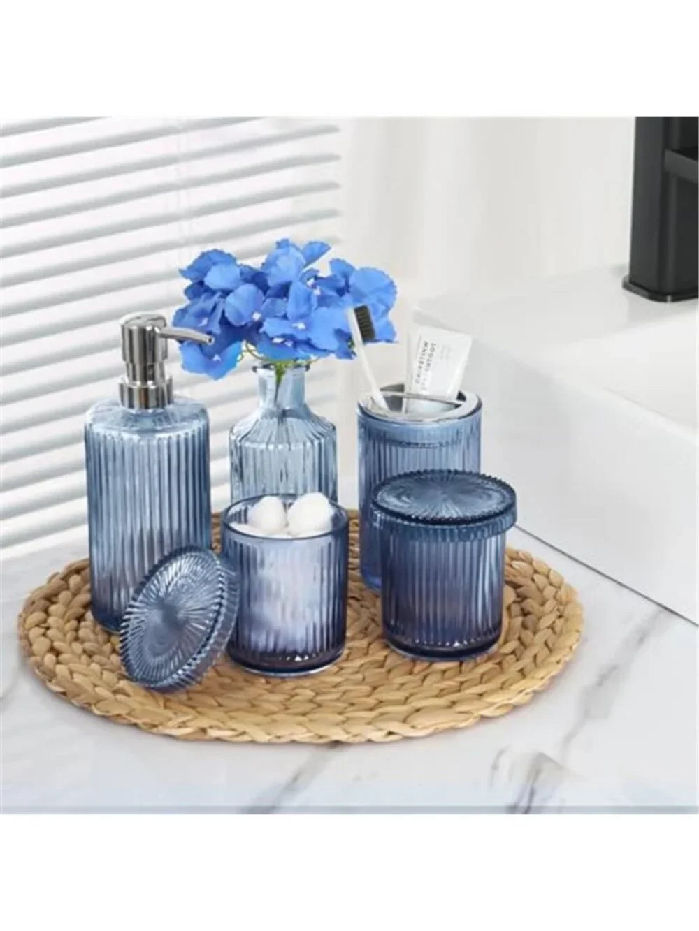 Blue Bathroom Accessories 5 Pcs, Glass Bathroom Accessory Set, Vintage Blue
